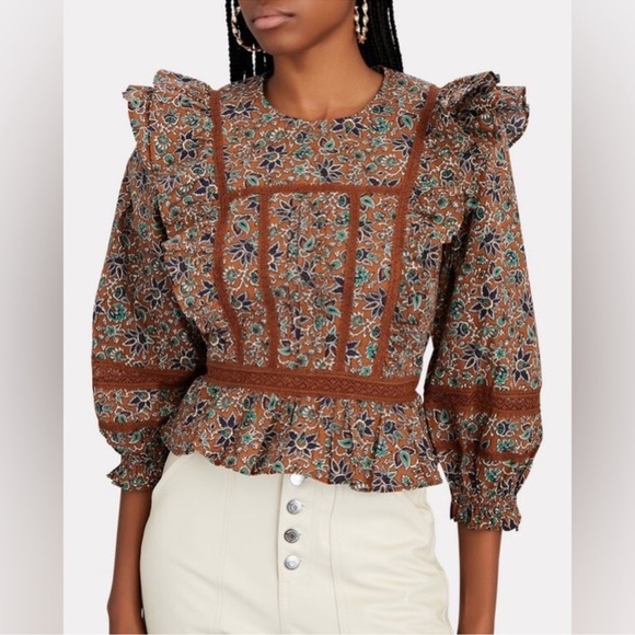 Veronica Beard Ruffle Balloon Sleeves Weslayan Blouse Top in Cinnamon Multi - Picture 3 of 10